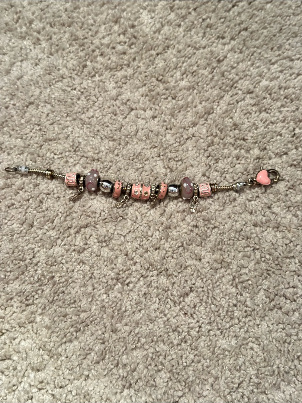 Pandora Silver Tone Bracelet with Pink Enamel & Heart Charm